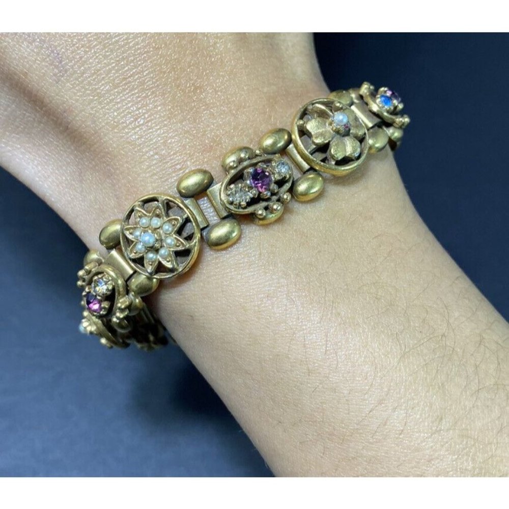 Goldette Slide Charm Bracelet Seed Pearl Clovers Flowers Rhinestone 7.5 in